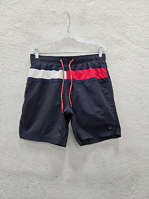#ad Tommy Hilfiger Swim Trunk Men Medium Navy Flag Nylon Drawstring Summer Short Fit $9.00