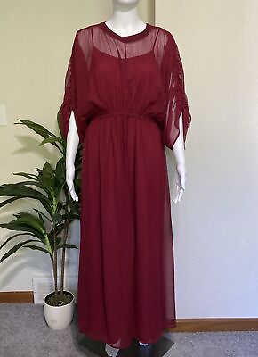 #ad PROLOGUE XXL Burgundy Red Slip Dress Sheer Overlay Shirred Sleeve Maxi Women’s $25.45
