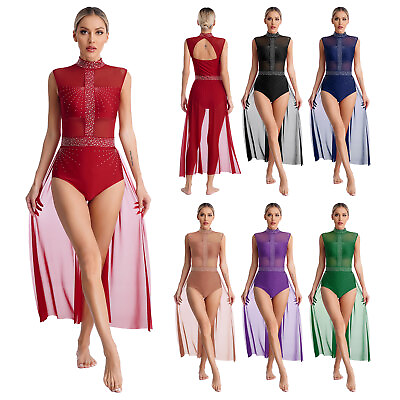 #ad Womens Dancewear Rhinestone Dance Dress Breathable Costume Sheer Dresses Flowy $17.94