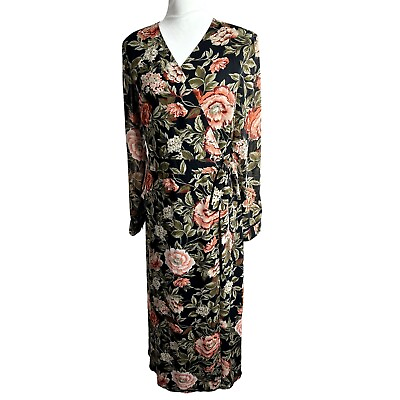 #ad Suzy Shier Womens Floral Long Sleeve Wrap Midi Dress Size XL Black Boho Party $19.99