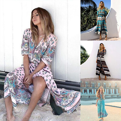 #ad Lady Boho Dress Women Maxi Sundress Long Dress Floral Kimono Sleeve Summer Beach $21.77