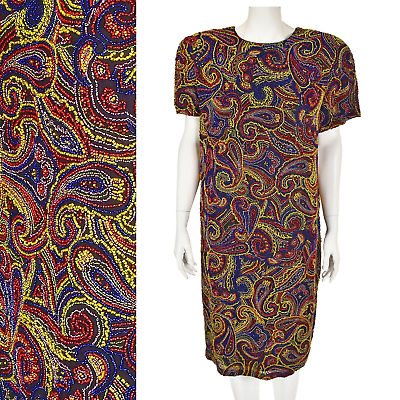 #ad BILL BLASS Completely Beaded Paisley Shift Silk Cocktail Dress SIZE 12 14 Large $239.00