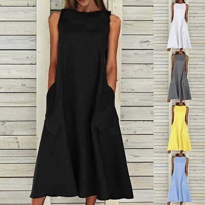 #ad Dress Plus Size Women Summer Cotton Sleeveless Side Pocket Loose Sundress $23.70
