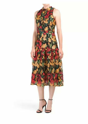 #ad New Vone Cocktail Dress Midi Floral Embroidered Lace Sleeveless Size Medium $149.99