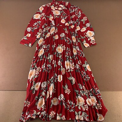 #ad Women#x27;s Size XXL Deep Red Floral Long Sleeve Tie Neck Pleated Maxi Dress New $19.27
