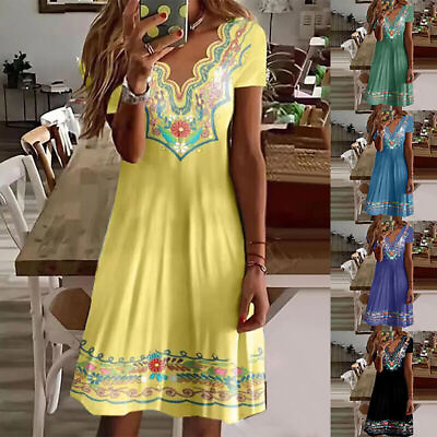 #ad Womens Boho Floral Midi Dress Holiday Beach Ladies V Neck Short Sleeve Sundress $12.20