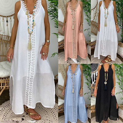 Womens Boho New V Neck Sleeveless Sundress Ladies Lace Long Maxi Dress Plus Size $19.25