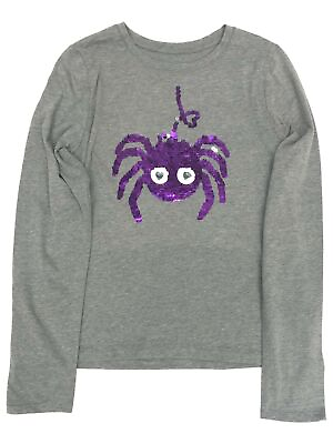 Girls Long Sleeve Gray amp; Purple Flip Sequin Spider Halloween Tee Shirt $14.99