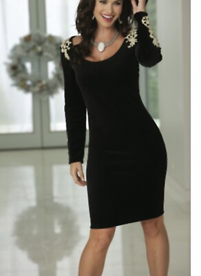 #ad size XL Black Stretch Velvet Monroe amp; Main Gold Appliqué Long Sleeve Party Dress $29.24