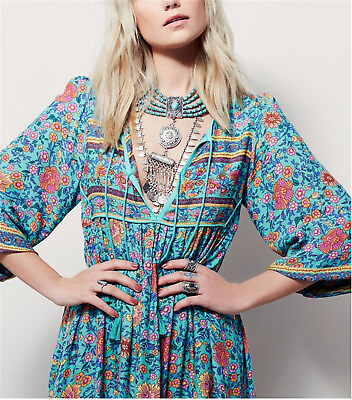 #ad Womens Bohemian Boho Style Floral Print Dress Long Sleeves Maxi Beach Dress $26.99