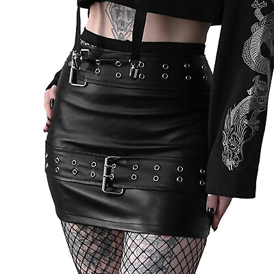 #ad Women Gothic PU Leather Pencil Skirt Fashion Wide Belted Sexy Miniskirt Clubwear $6.57