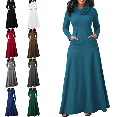 Womens Casual Pocket Maxi Dress Ladies Long Sleeve High Neck Pullover Dresses $23.61