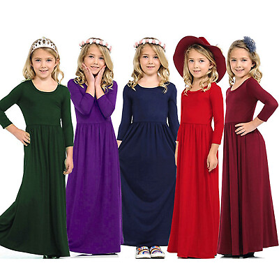 #ad Toddler Girl Long Sleeve Scoop Neck Soild Loose Casual Long Maxi Princess Dress $16.99