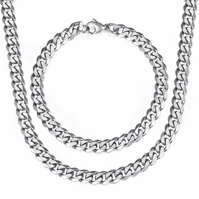 7MM Necklace Bracelet Set Curb Cuban Link Stainless Steel Chain Silver For Men $10.99