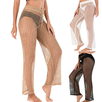 Women Crochet Net Swimsuit Cover Up Pant Hollow Out Elastic Waist Trouser Beach $20.45