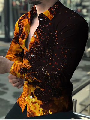 #ad Men Button Down Shirt Long Sleeve Flame Brown Casual Fashion Party Dress Shirts $22.84