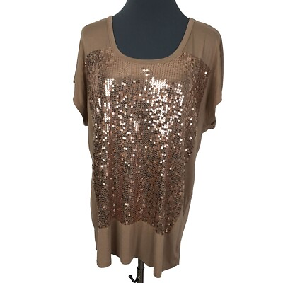 #ad DownEast Sequin Party Tunic Top Women S Beige Stretch Rayon 40x28 $10.18