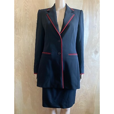 #ad 1980s Escada Margaretha Ley Women#x27;s 2 Piece Skirt Suit Black Red 100% Wool Sz 36 $109.00