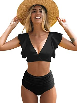 #ad SPORLIKE Women Ruffle High Waist Swimsuit Two Pieces Push Up Black Bikini $7.99