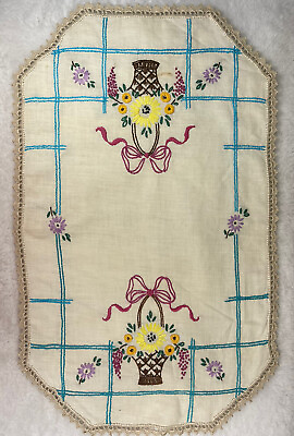 #ad Vintage Hand Embroidered Dresser Scarf Flower Basket Crochet Hem 11x17 Blue READ $12.00