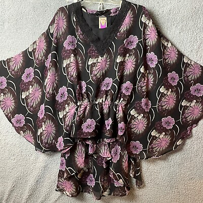 #ad Anthony Original Top amp; Skirt Set Womens L Blk Purple Floral Top Butterfly Sleeve $34.87