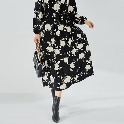 #ad Women V Neck Contrast High Waist Print Elegant Long Sleeve Maxi Dress $68.11