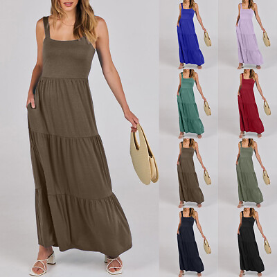 #ad Women#x27;s Sleeveless Summer Casual Loose Maxi Dress Holiday Beach Tank Dresses $29.24