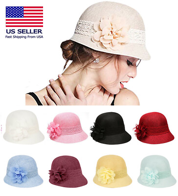 1920#x27;s Inspired Women#x27;s Gatsby Linen Cloche Hat With Lace Band and Flower $23.99