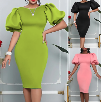 Women Fashion Puff Sleeve Dress Knee Length Fit Dress Pink Black Green Dresses $58.50