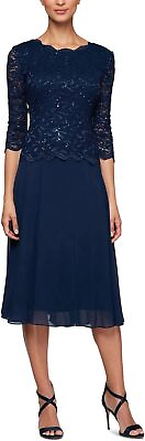 #ad Alex Evenings Women#x27;s Tea Length Sequin Mock Dress Petite and Regular $347.35