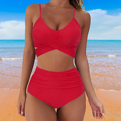 #ad Women Swimsuit High Waist Quick drying Tummy Control Two Piece Swimsuit Swimwear $14.28