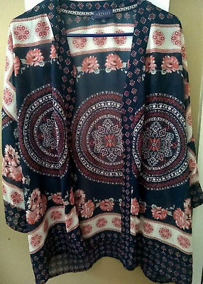 #ad Artesia Boho Floral Kimono Duster Open Cardigan Wrap 3 4 Sleeve Size XL $19.99