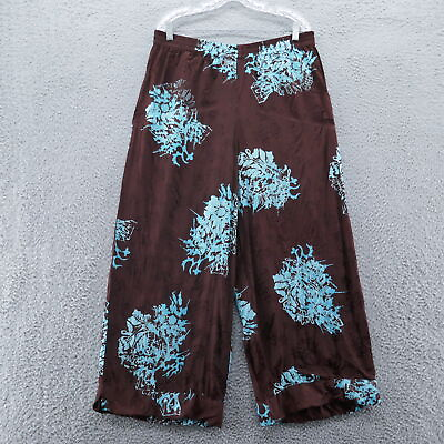 Soft Surroundings Womens Wide Leg Pull On Pants Large Brown Blue Floral Silky $23.99