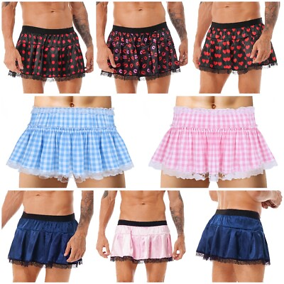 #ad US Men Women Gingham A line Mini Skirt Fancy Dress Pleated Skirt Nightwear Sexy $9.69