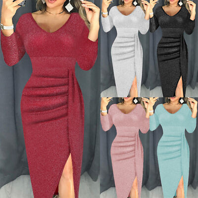 #ad Ladies V Neck Dress Fashion Shiny Long Sleeve Bodysuit Party Midi fashion party $22.99