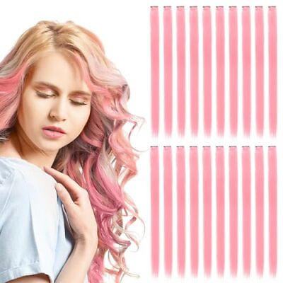 #ad 20 PCS Pink Hair Extensions for Kids 22 Inch Party Hair Extensions Clip In， C... $14.98