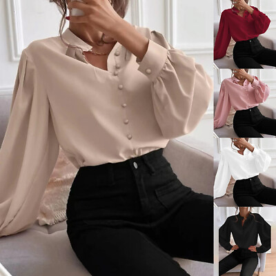 #ad Womens Casual Loose Blouse Party Tops Ladies Long Sleeve Work Ol Button T Shirt $18.58