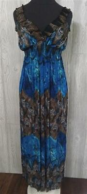 #ad NWT V Neck Sleeveless Blue amp; Peacock Print Stretch Maxi Dress Sundress XXL #16 $24.95