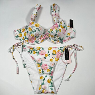 #ad Victoria Secret 34DD M Wicked Bikini Top Bottom Set Lemon Floral Print VLV $59.95