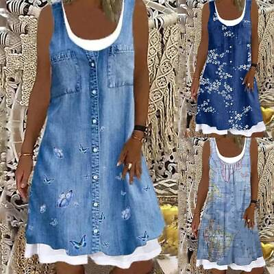 #ad Plus Size Womens Summer Floral Sleeveless Midi Dress Ladies Loose Beach Sundress $19.19