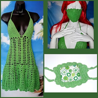 NEW handmade Crochet beach cover up dress w FREE matching mask S M customizable $72.00