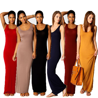 #ad Women#x27;s Casual Sleeveless Maxi Dress Fitted Sundresses Scoop Neck Long Dresses $26.99