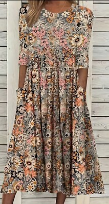 #ad Maxi Dress Plus Size Floral Print 3 4 Sleeve Round Neck Long Size 5XL 22 NEW $21.15