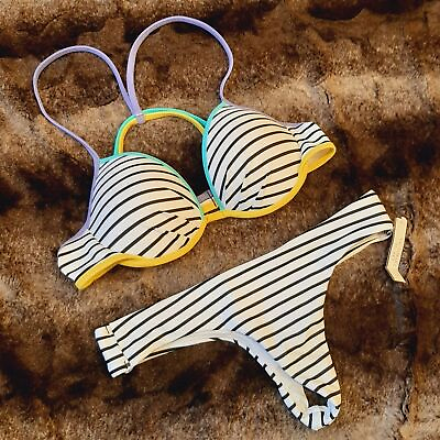 #ad NWT Victoria#x27;s Secret Striped Thong Bikini Set XS 32B Black White Beach Strappy $38.99