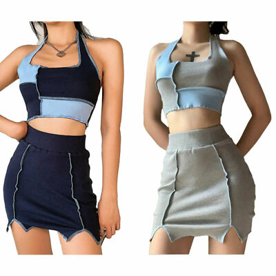 2 Piece Women#x27;s Outfits Sleeveless Patchwork Crop Bodycon Pencil Tops Skirt Sets $30.62