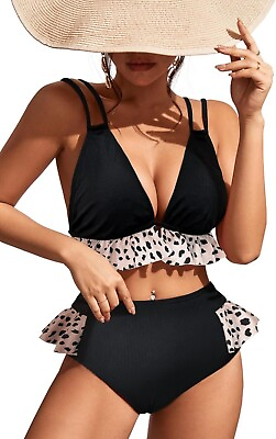#ad SPORLIKE Womens High Waist Swimsuit Ruffle V Neck Bikini Two Piece Swimwear Med $12.74