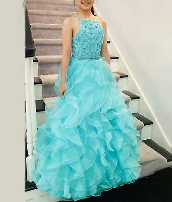 #ad Elegant Mint Beaded Top Ruffle Skirt Long Dress with Crinoline for Girls $188.00