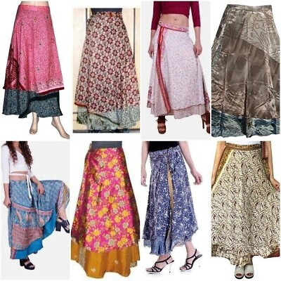 #ad 4 PCs Vintage Silk Sari Skirt Bohemian Multicolor Skirt $38.99