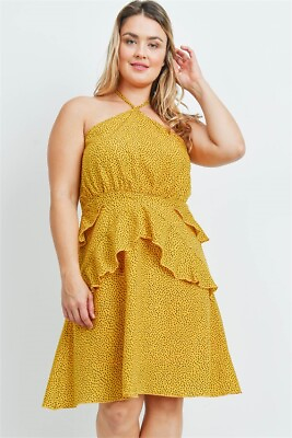 #ad Womens Plus Size Mustard Yellow Peplum Sundress 2XL Halter Neck $20.97