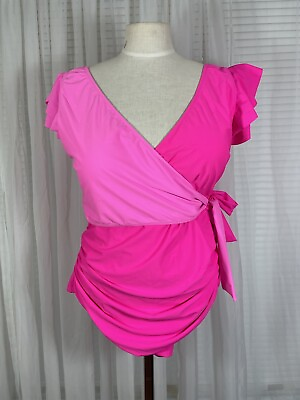 #ad Blooming Jelly Swimsuit Plus Size XXL Pink V Neck Ruffle Sleeve Padded Tie Knot $19.77